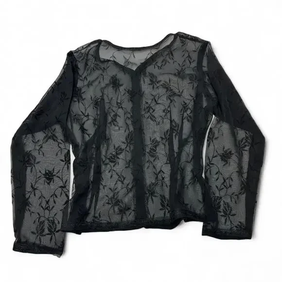 Black Sheer Whimsy Goth Embroidered Floral Layering Long Sleeve Size Medium - Picture 2 of 3
